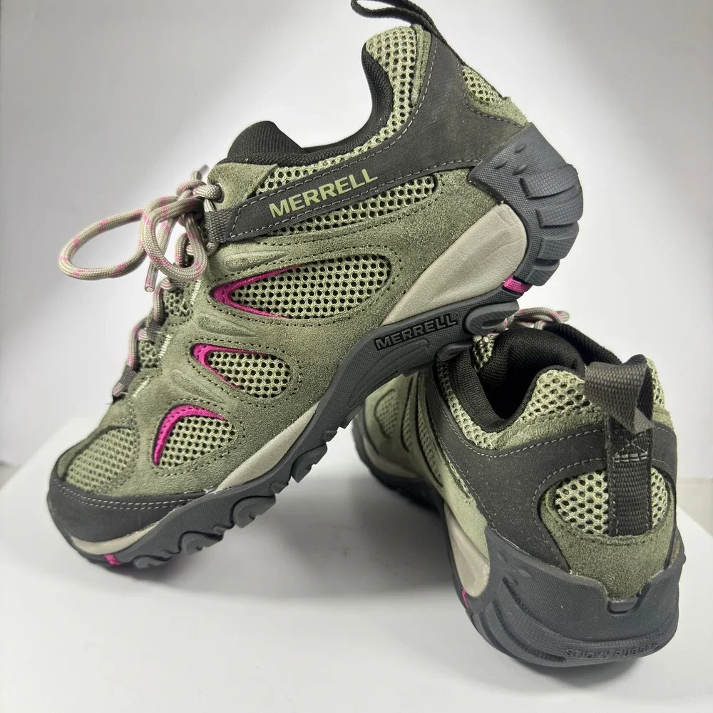 Merrell Alverstone Hiking Shoes Womens 9.5 Olive Green Pink Suede Mesh J135202
